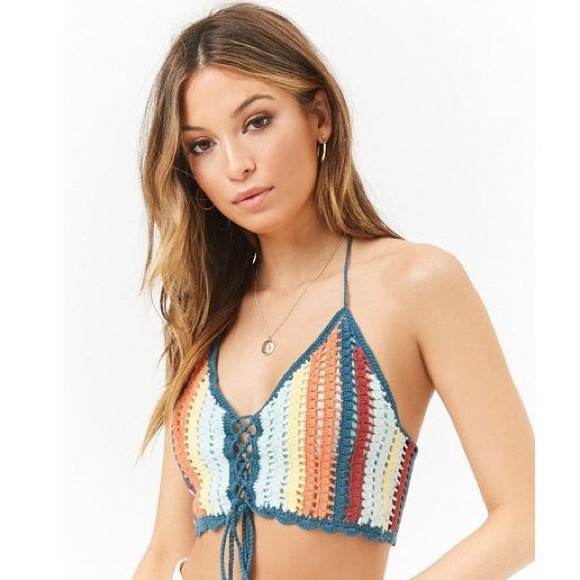 Forever 21 Tops - Forever 21 Crochet Lace-Up Crop Top Rainbow